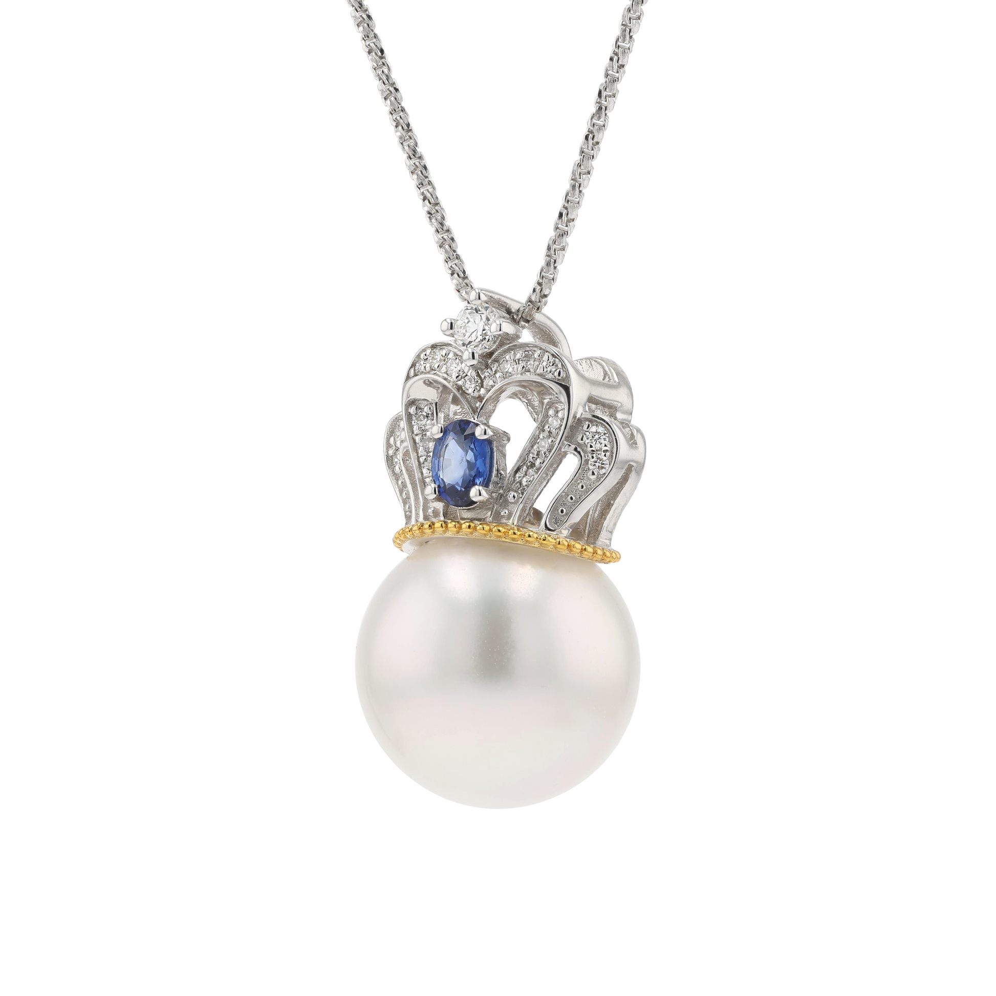 18KG 12.6mm South Sea White Pearl Diamond Sapphire Pendant