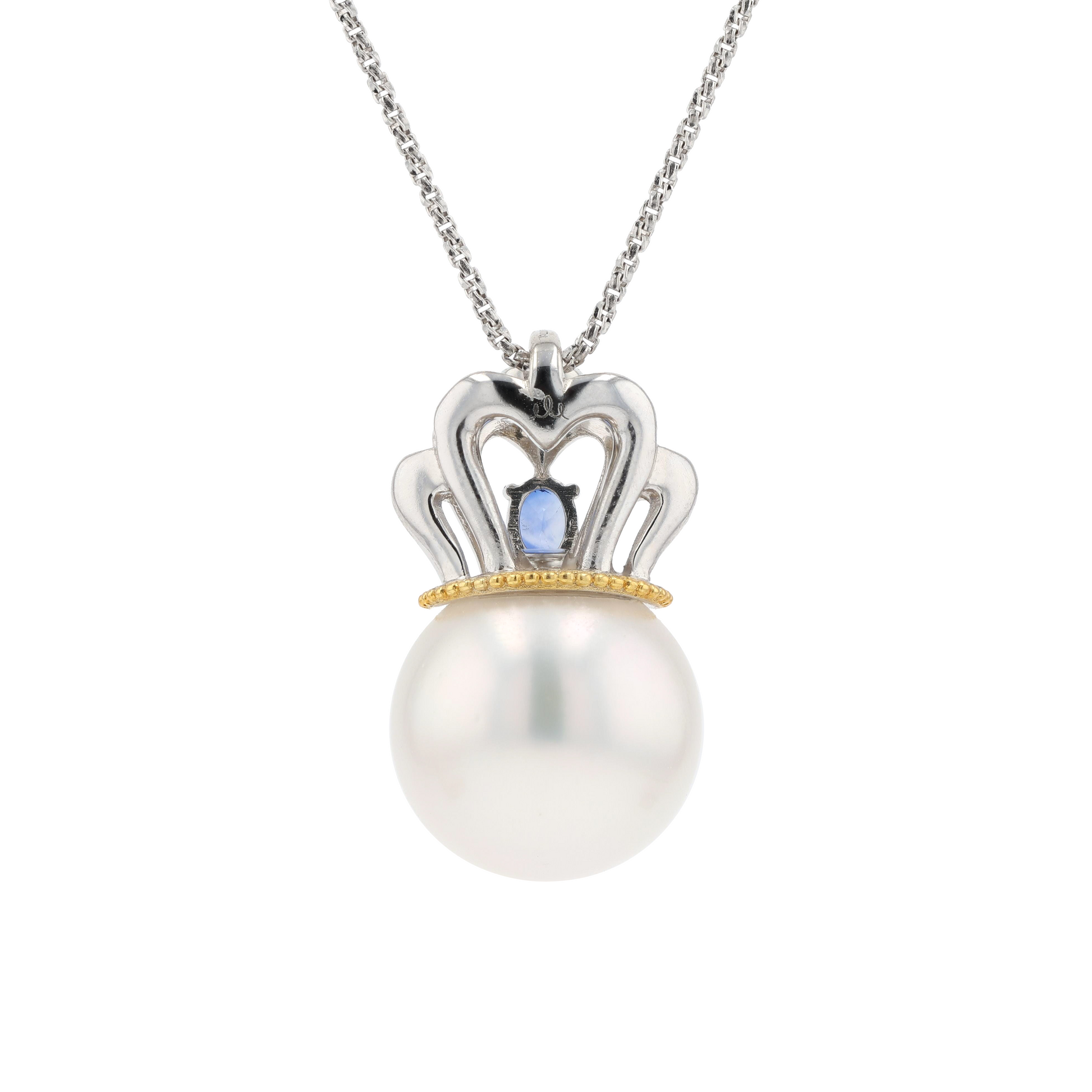 18KG 12.6mm South Sea White Pearl Diamond Sapphire Pendant