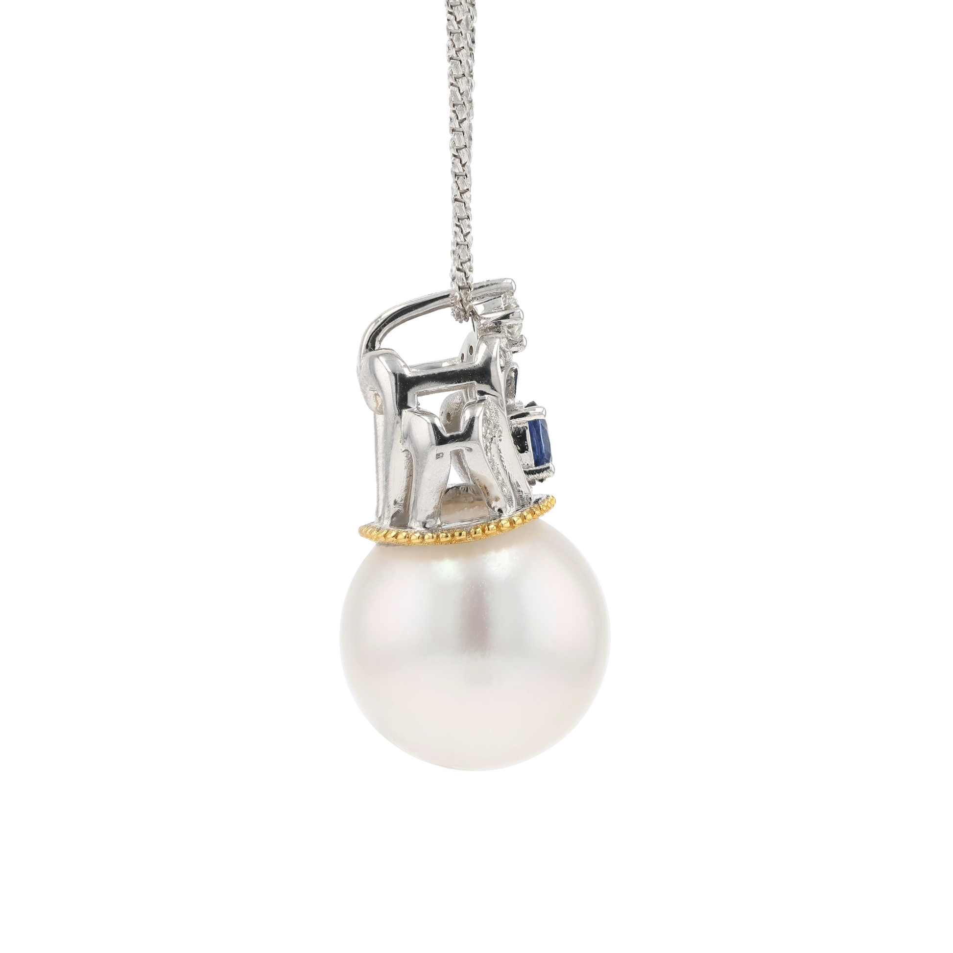 18KG 12.6mm South Sea White Pearl Diamond Sapphire Pendant