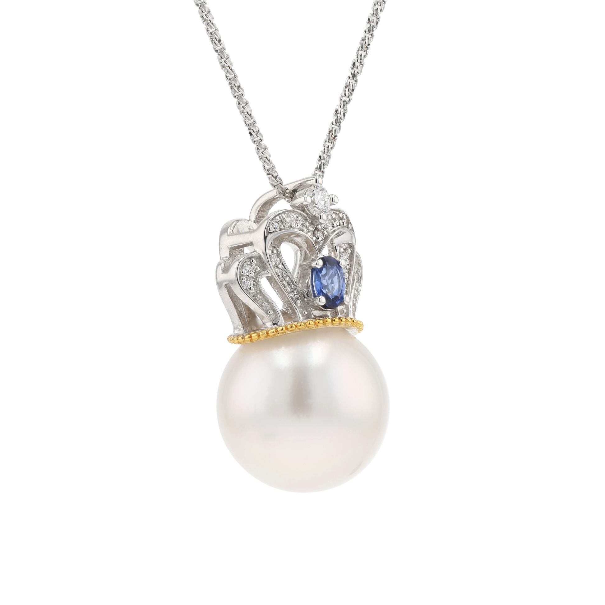 18KG 12.6mm South Sea White Pearl Diamond Sapphire Pendant