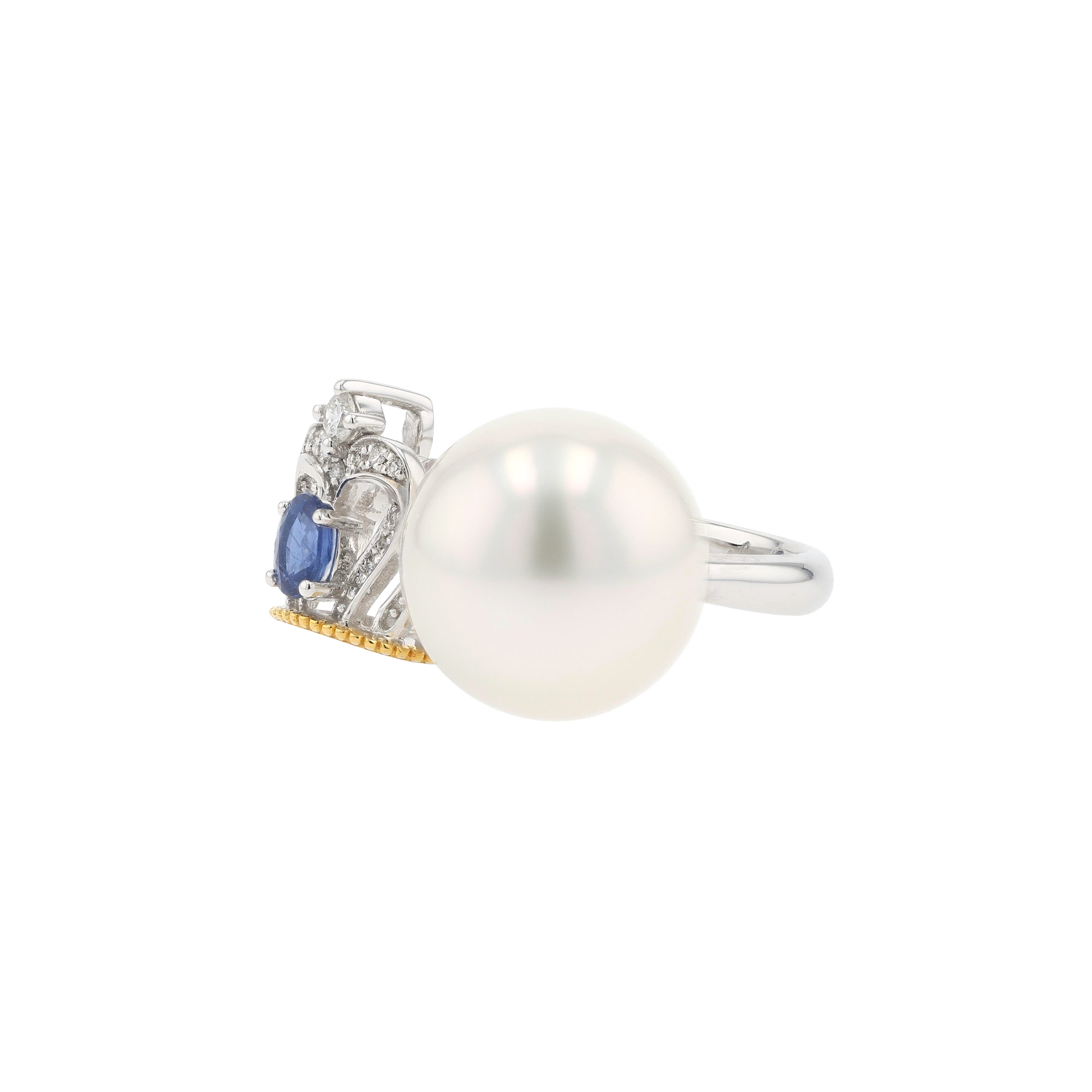 18KG 11.7mm South Sea White Pearl Diamond Sapphire Ring