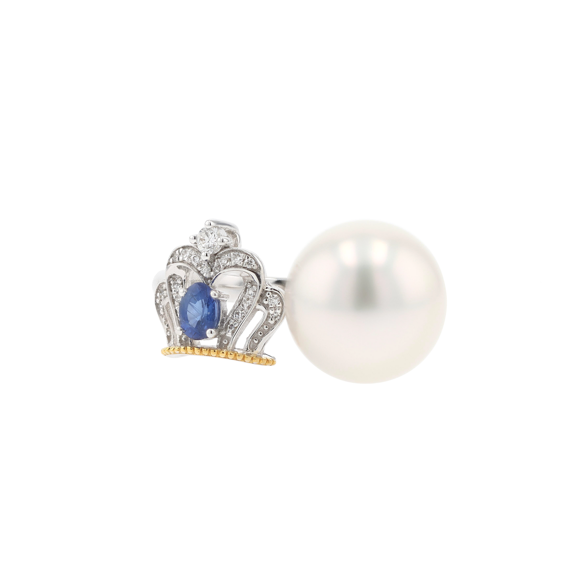 18KG 11.7mm South Sea White Pearl Diamond Sapphire Ring