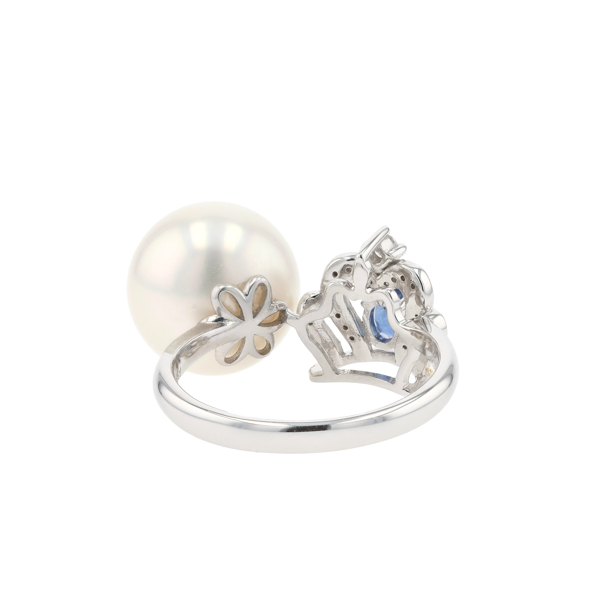 18KG 11.7mm South Sea White Pearl Diamond Sapphire Ring