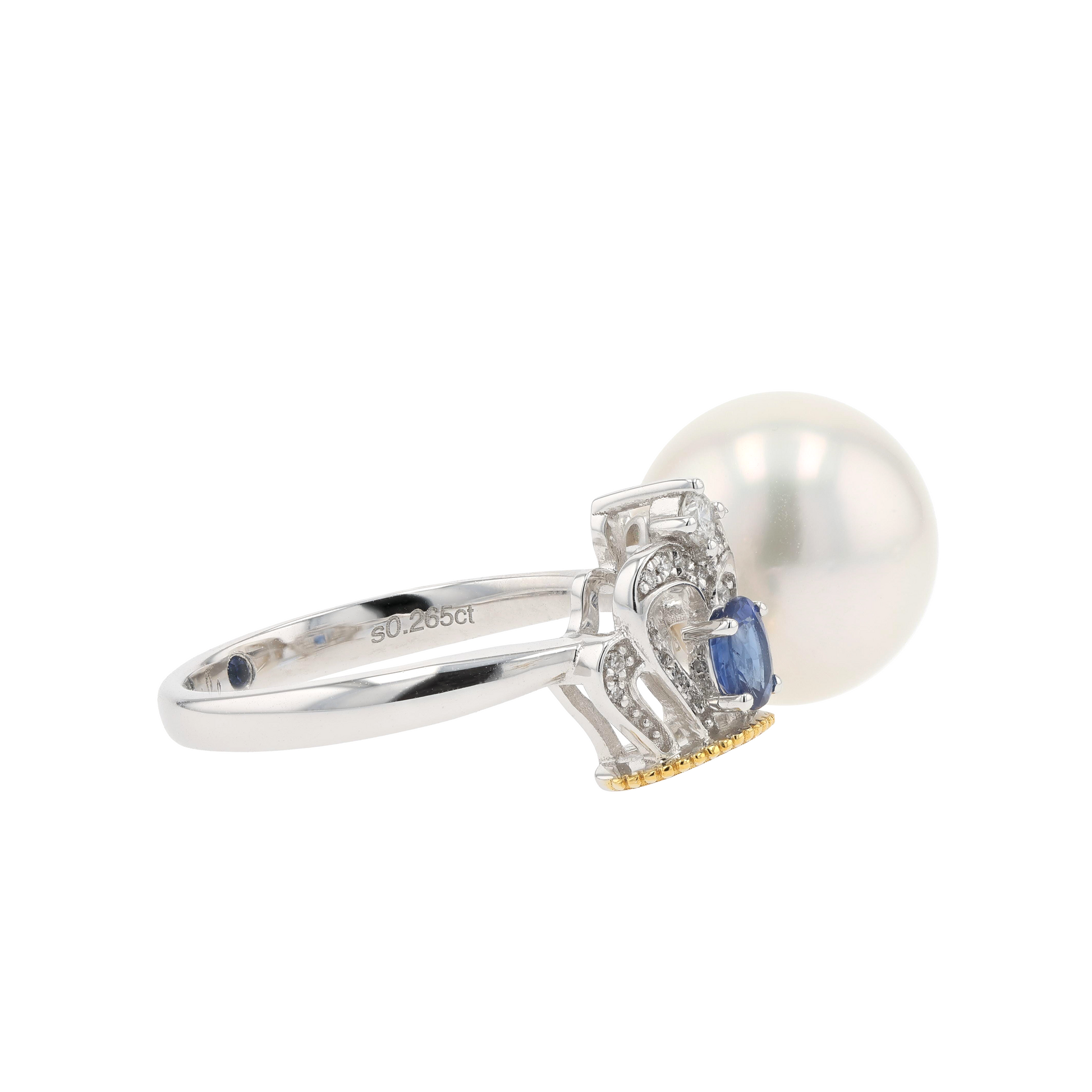18KG 11.7mm South Sea White Pearl Diamond Sapphire Ring