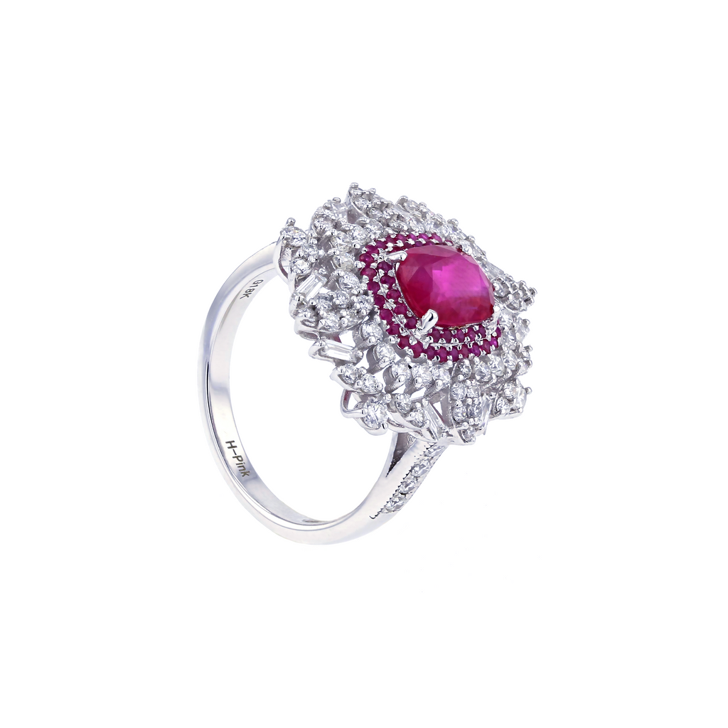18KG Natural Unheated Pinkish Red Ruby Diamond Ring