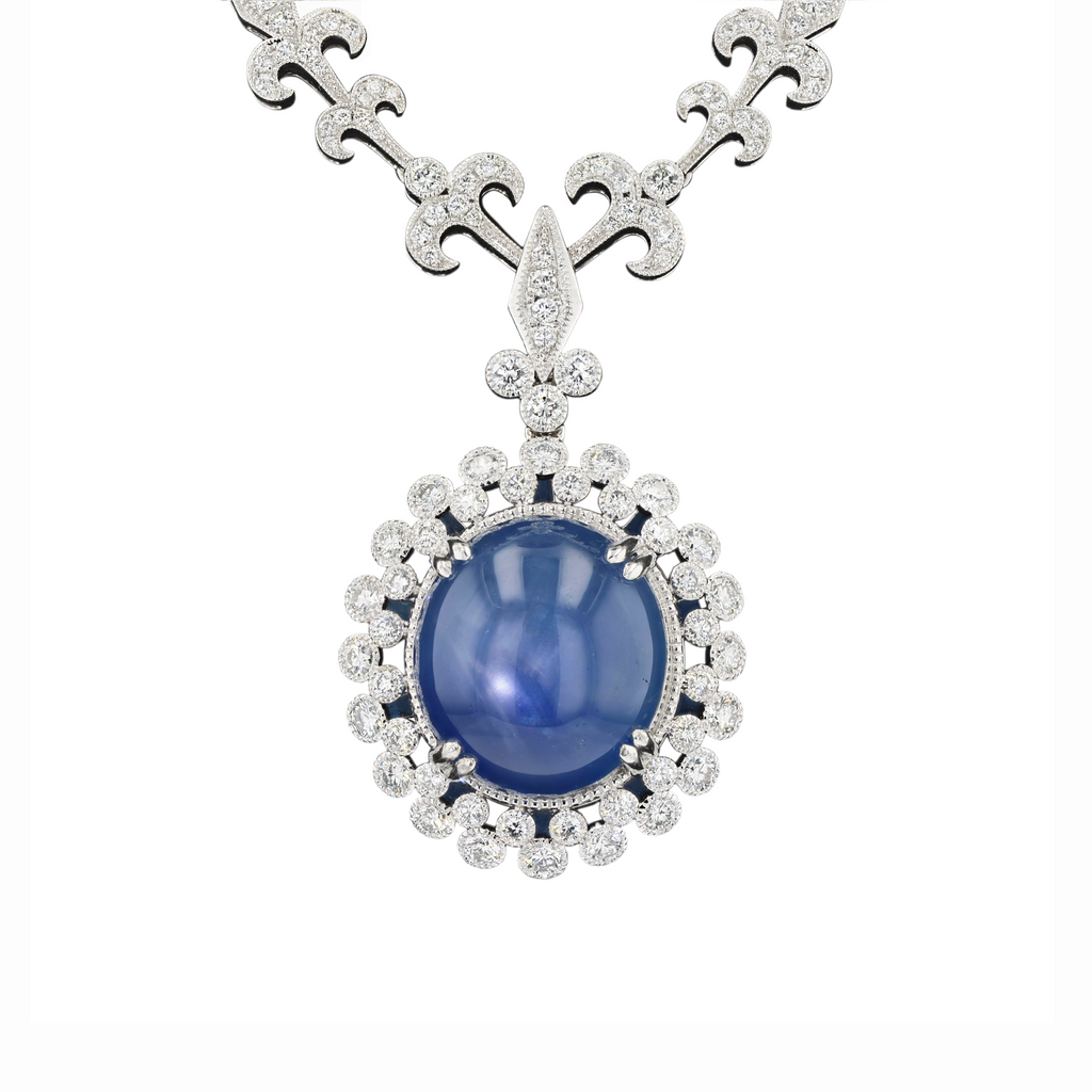 18KG Natural Unheated Blue Star Sapphire Diamond Necklace