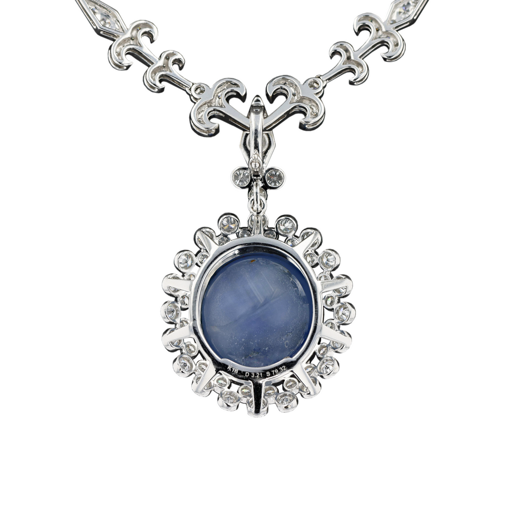 18KG Natural Unheated Blue Star Sapphire Diamond Necklace