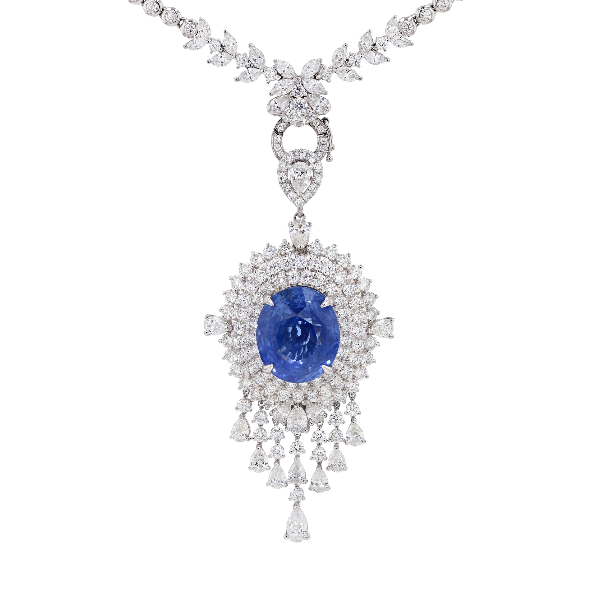 18KG Natural Unheated Cornflower Blue Sapphire Diamond Necklace