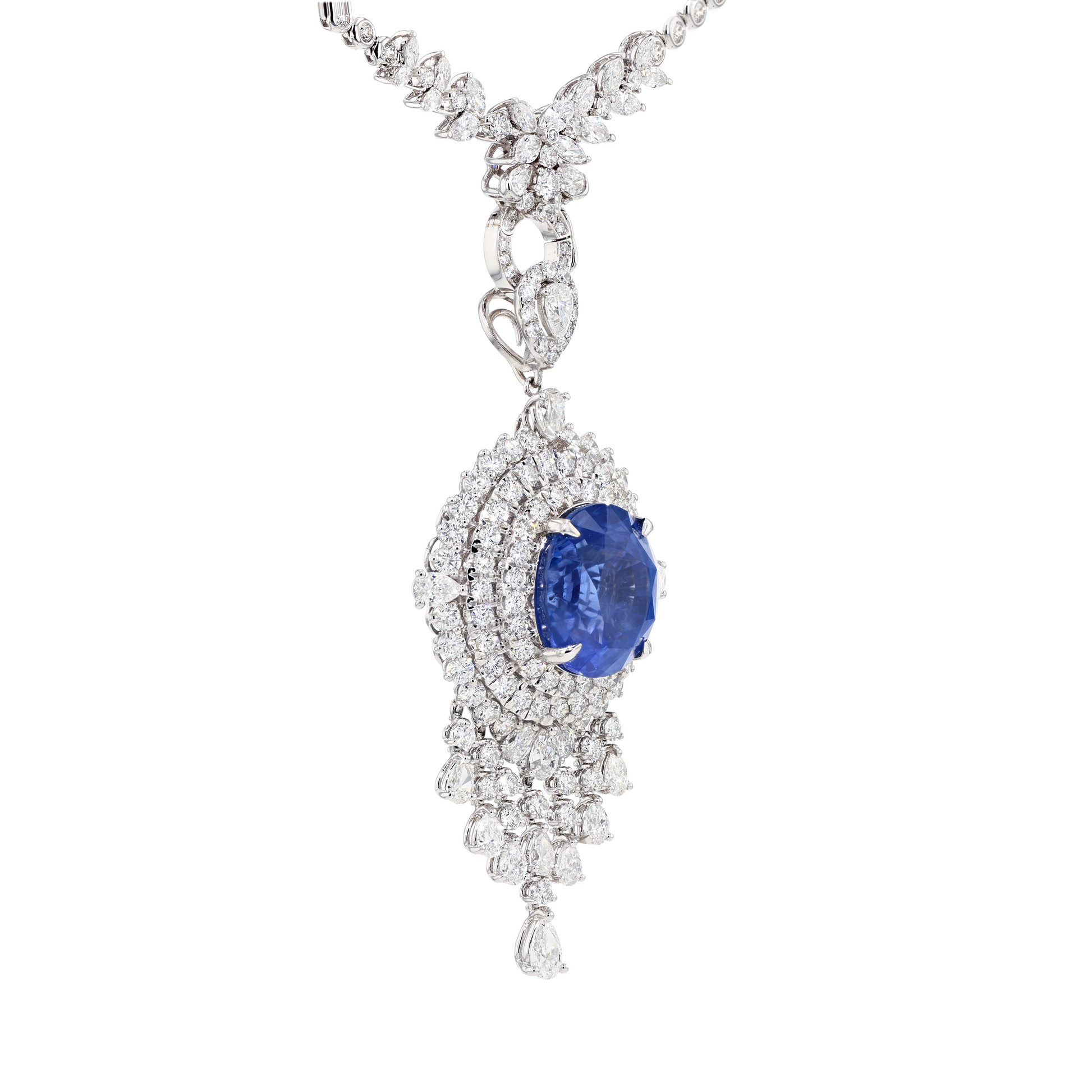 18KG Natural Unheated Cornflower Blue Sapphire Diamond Necklace
