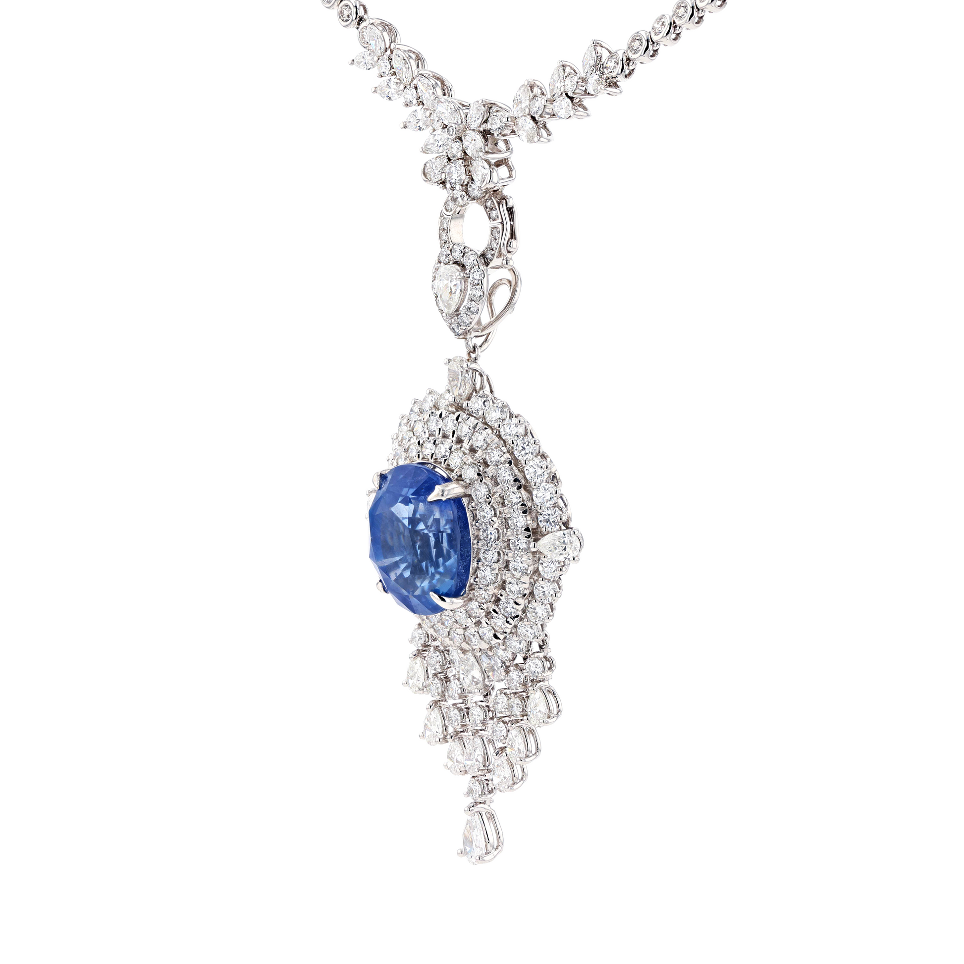 18KG Natural Unheated Cornflower Blue Sapphire Diamond Necklace
