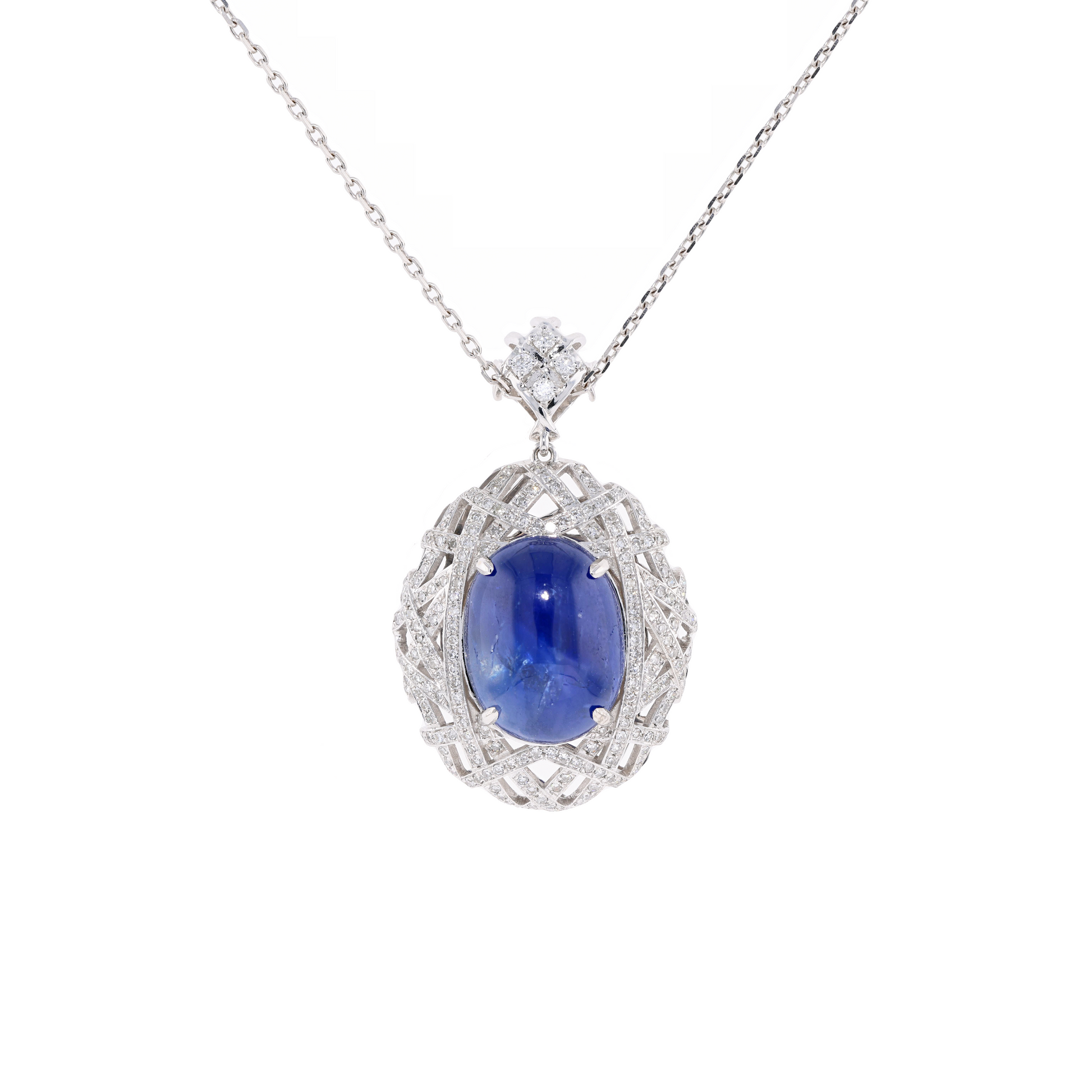 18KG Natural Unheated Intense or Vivid Blue Star Sapphire Diamond Necklace