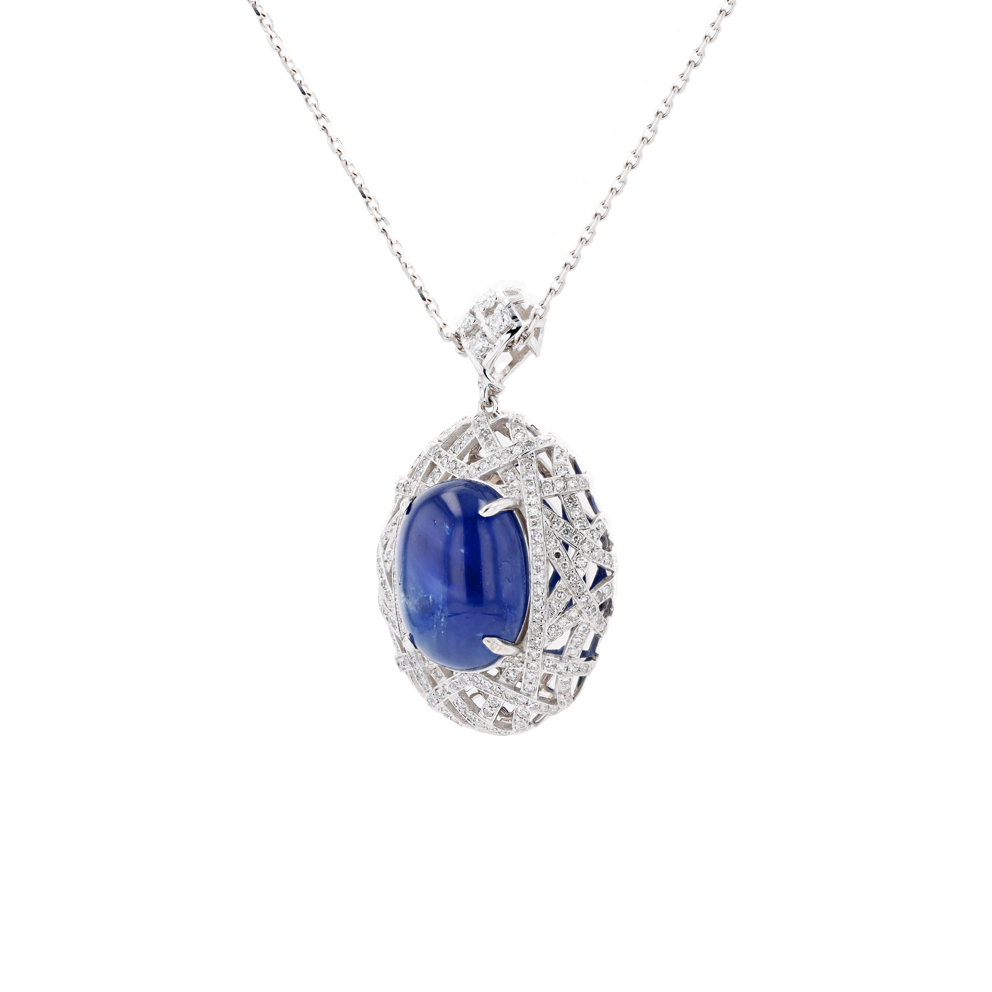 18KG Natural Unheated Intense or Vivid Blue Star Sapphire Diamond Necklace