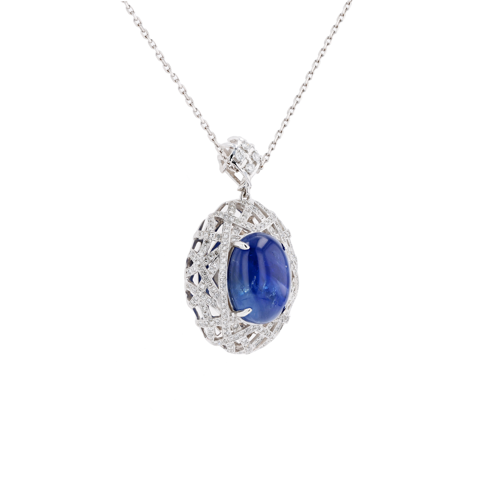 18KG Natural Unheated Intense or Vivid Blue Star Sapphire Diamond Necklace
