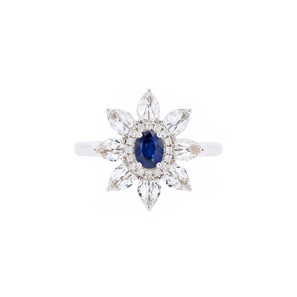 18KG Natural Blue Sapphire Clear Topaz Diamond Ring