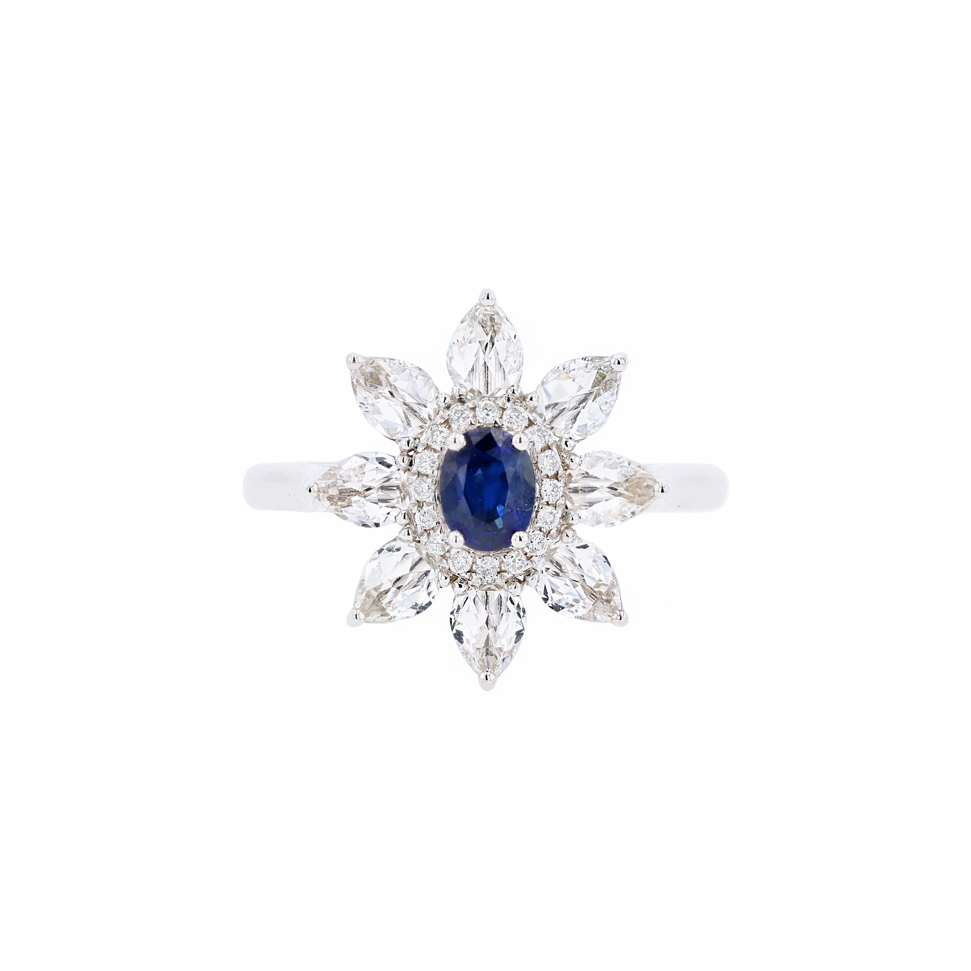 18KG Natural Blue Sapphire Clear Topaz Diamond Ring