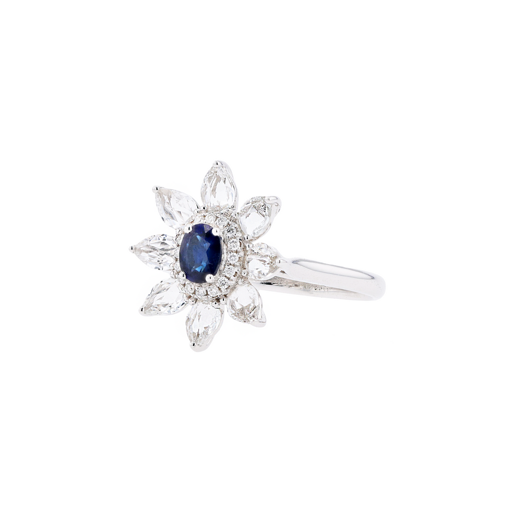 18KG Natural Blue Sapphire Clear Topaz Diamond Ring