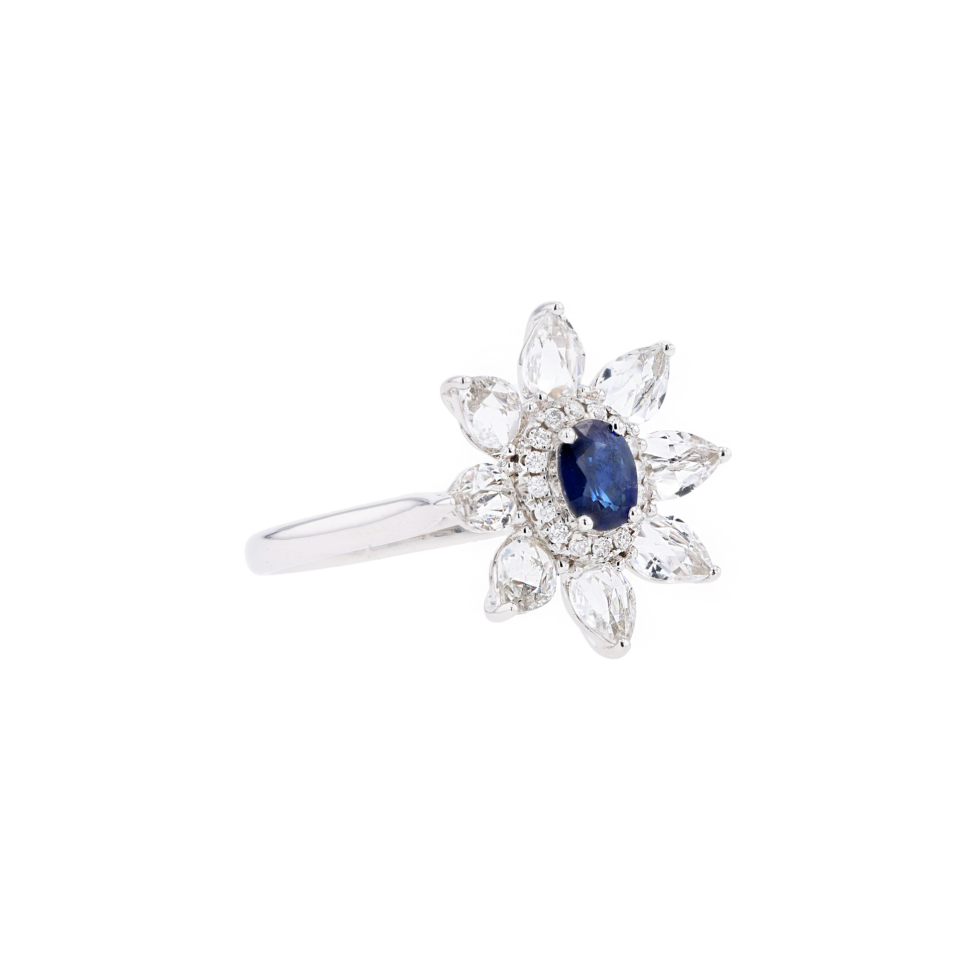 18KG Natural Blue Sapphire Clear Topaz Diamond Ring