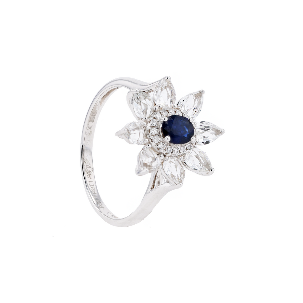 18KG Natural Blue Sapphire Clear Topaz Diamond Ring