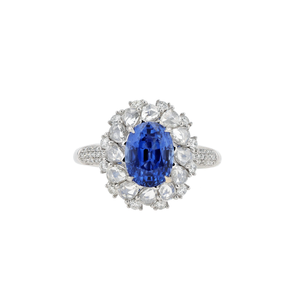 18KG Natural Vibrant Cornflower Blue Sapphire Diamond Ring