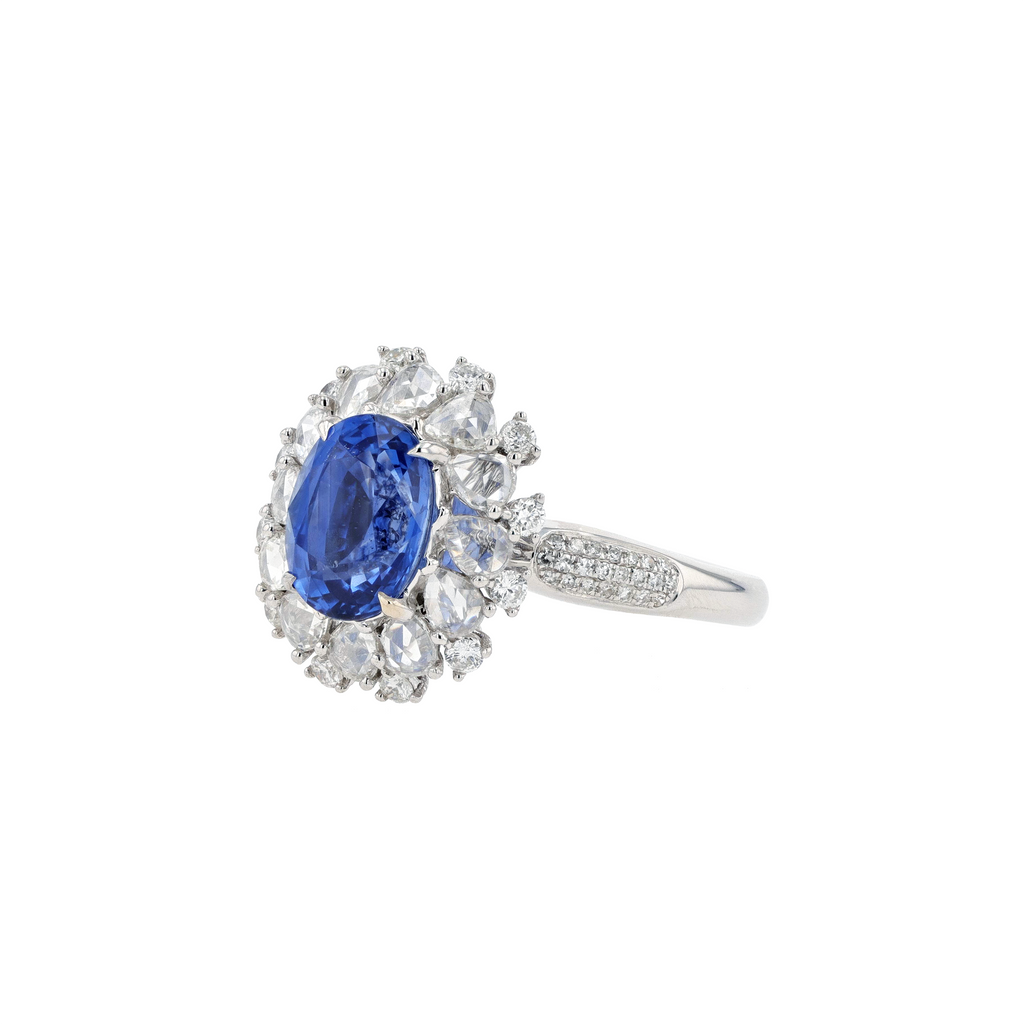 18KG Natural Vibrant Cornflower Blue Sapphire Diamond Ring