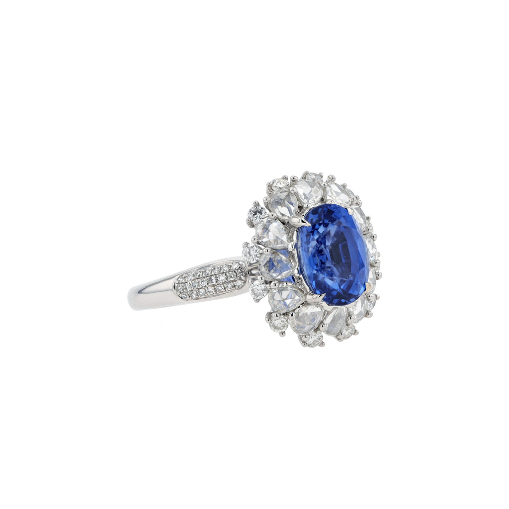 18KG Natural Vibrant Cornflower Blue Sapphire Diamond Ring