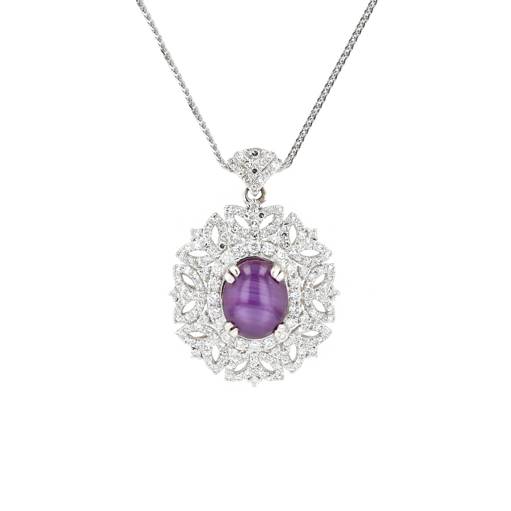 18KG Natural Unheated Purplish Pink Star Sapphire Diamond Necklace
