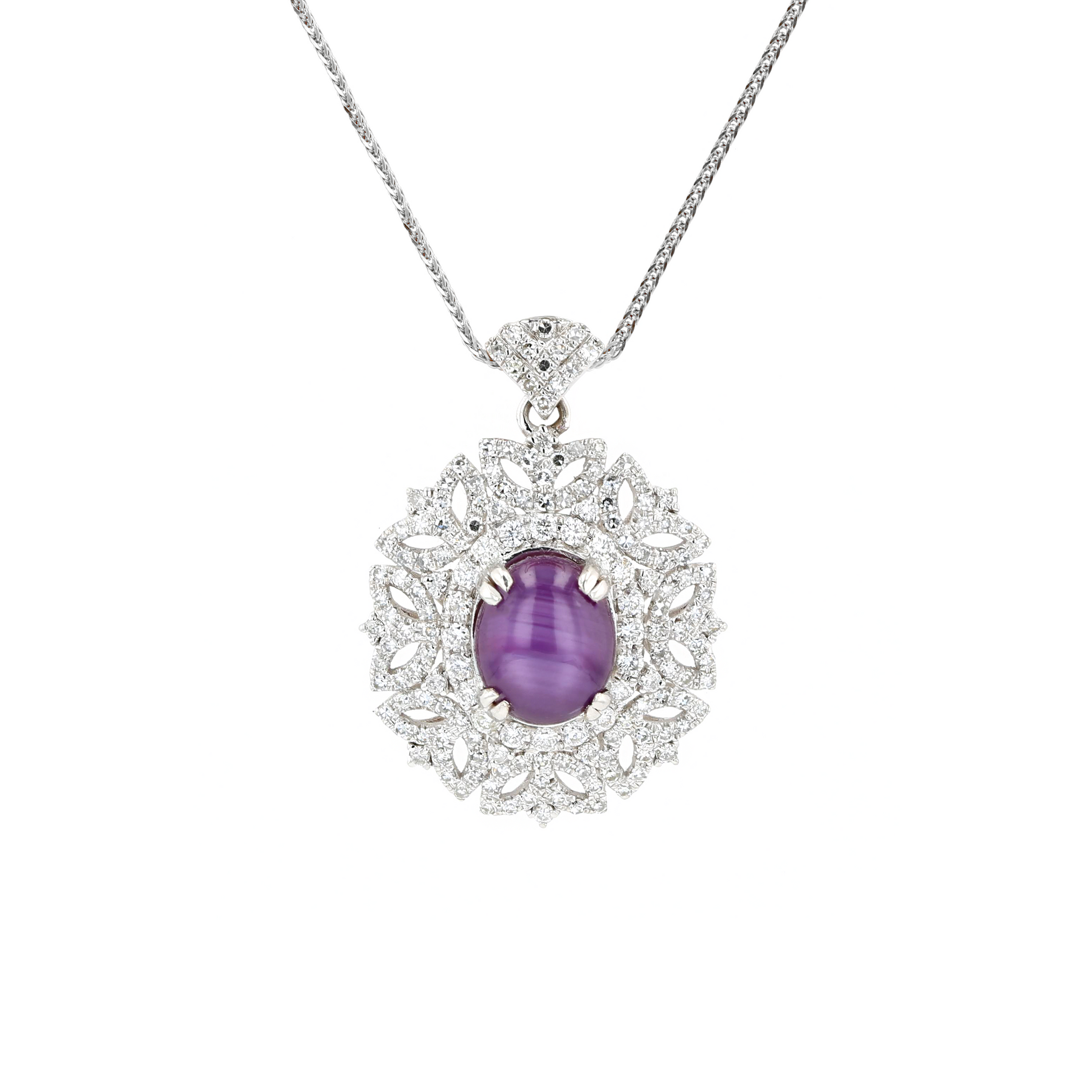 18KG Natural Unheated Purplish Pink Star Sapphire Diamond Necklace