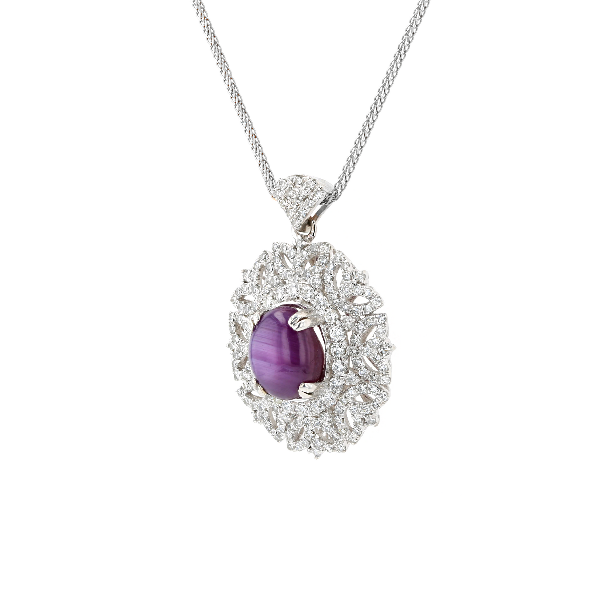 18KG Natural Unheated Purplish Pink Star Sapphire Diamond Necklace
