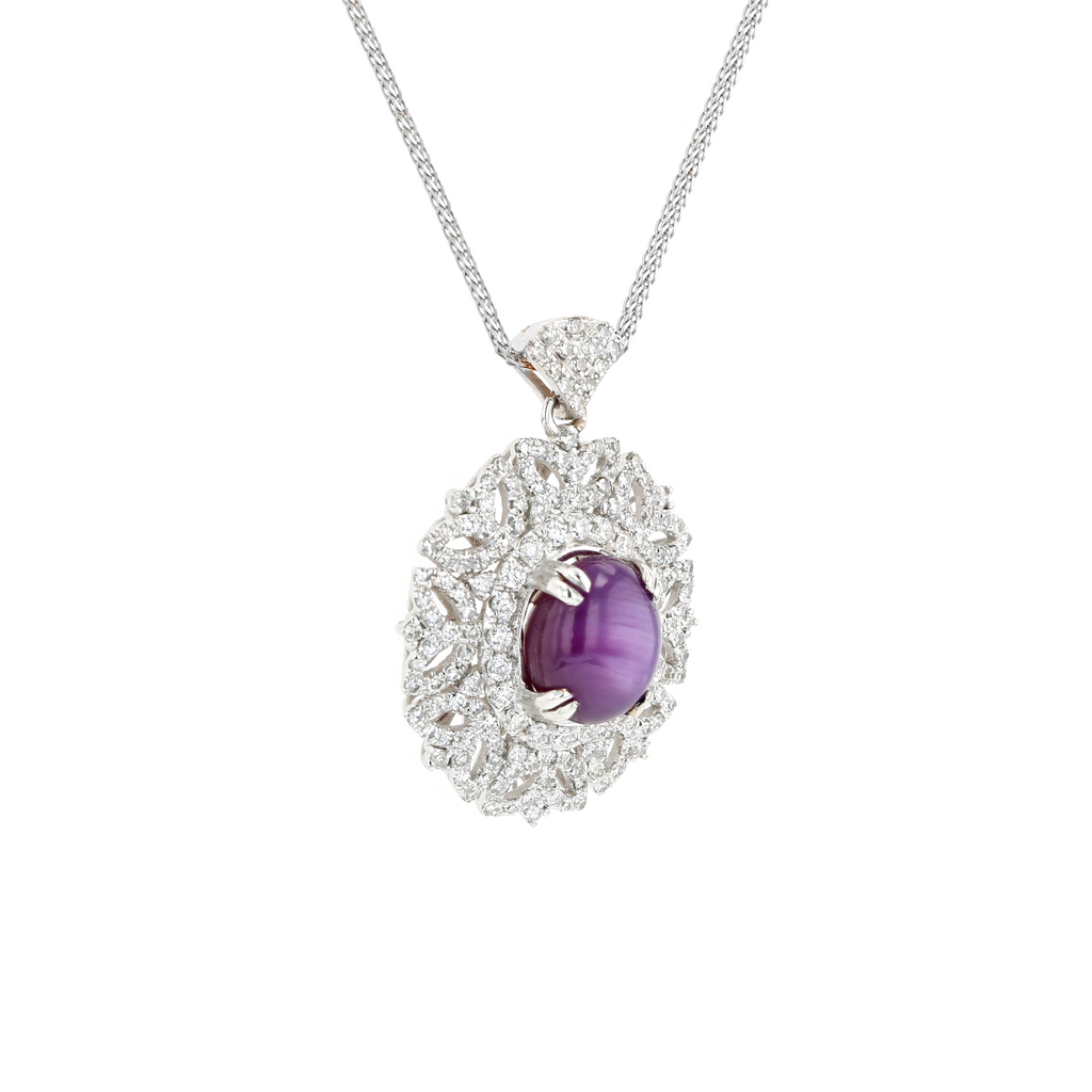18KG Natural Unheated Purplish Pink Star Sapphire Diamond Necklace