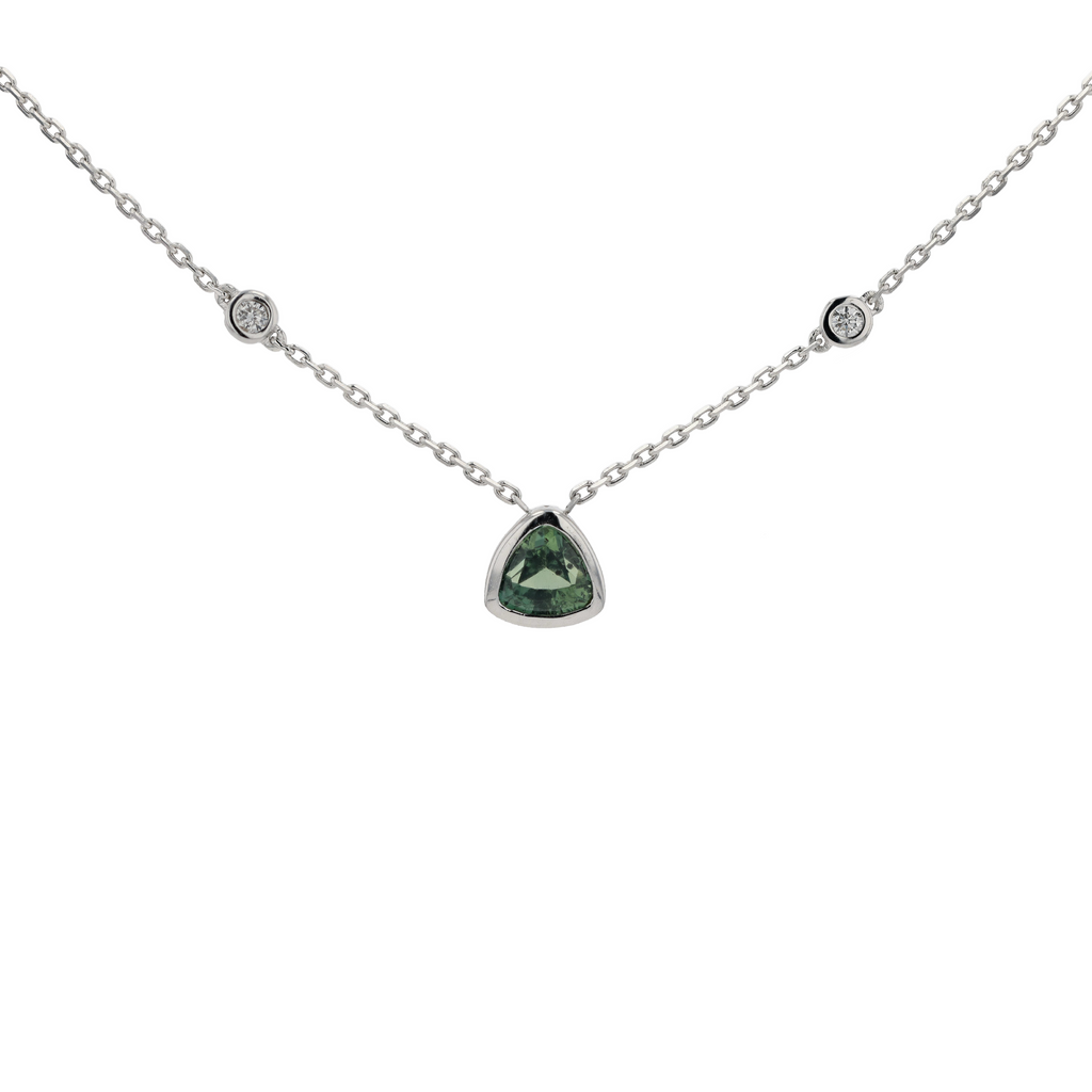 18KG Natural Unheated Bluish Green Sapphire Diamond Necklace
