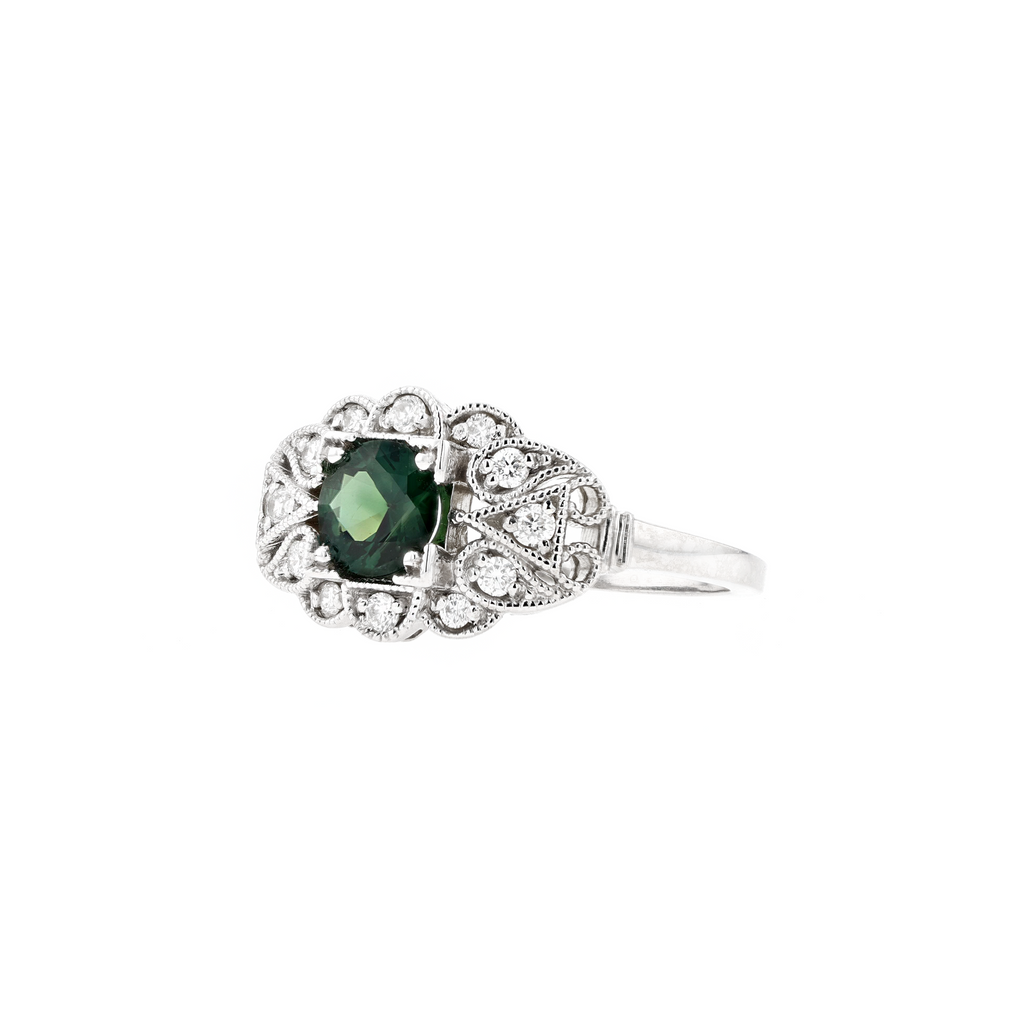 14KG Natural Unheated Green Sapphire Diamond Ring