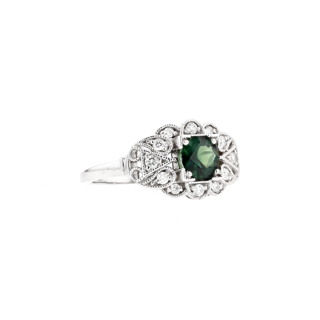 14KG Natural Unheated Green Sapphire Diamond Ring