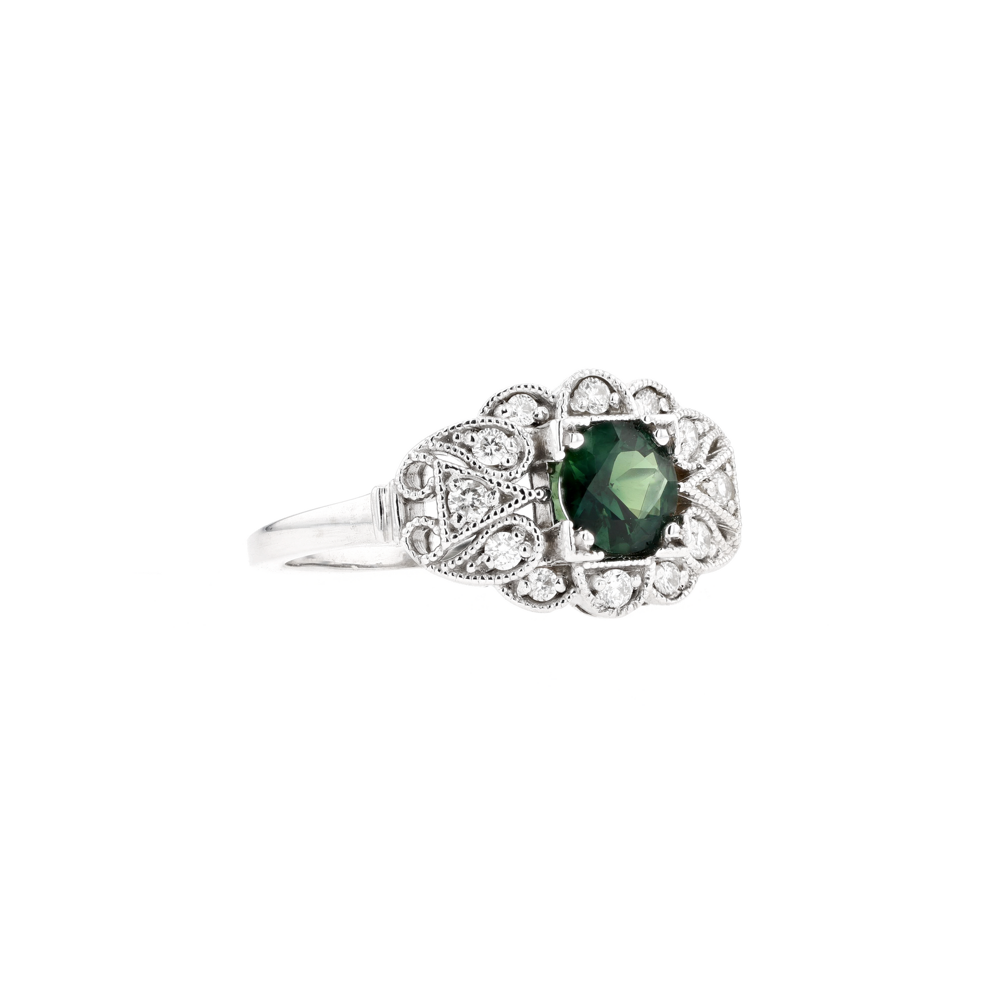 14KG Natural Unheated Green Sapphire Diamond Ring